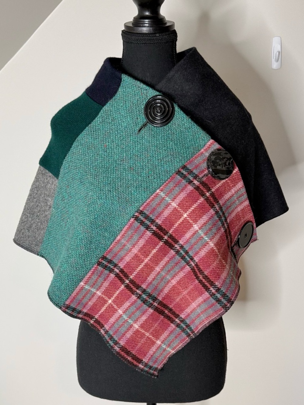 ADHESIF Upcycled Recycled Wool Patchwork Cape Capelet Buttons One Of A Kind - Picture 6 of 9